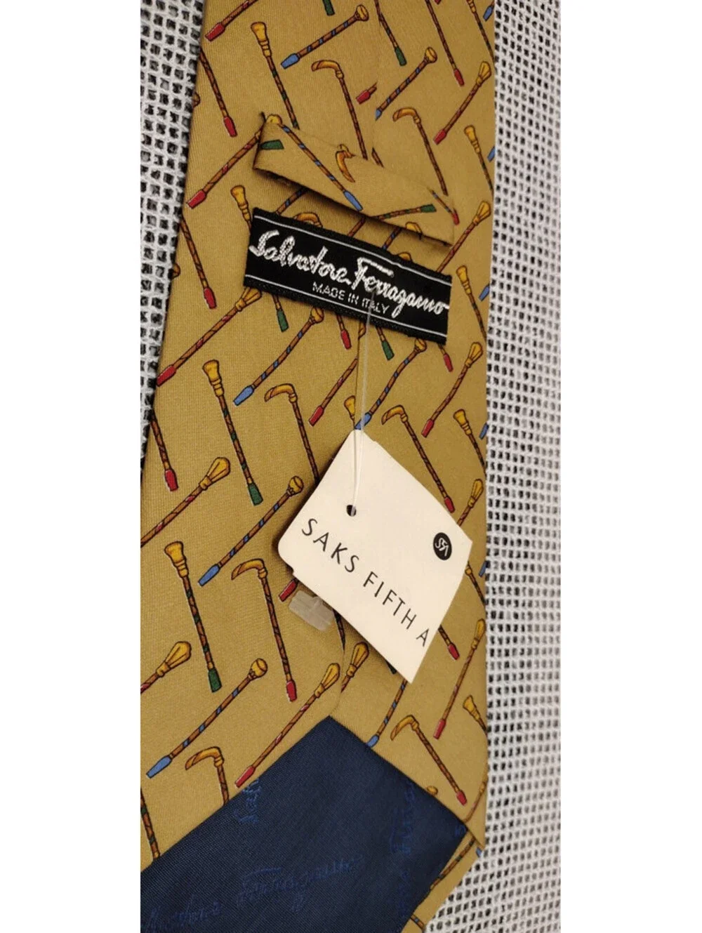 Vintage Salvatore Ferragamo Bronze Silk Tie Canes 1990s SAKS 5th AVENUE New Tag